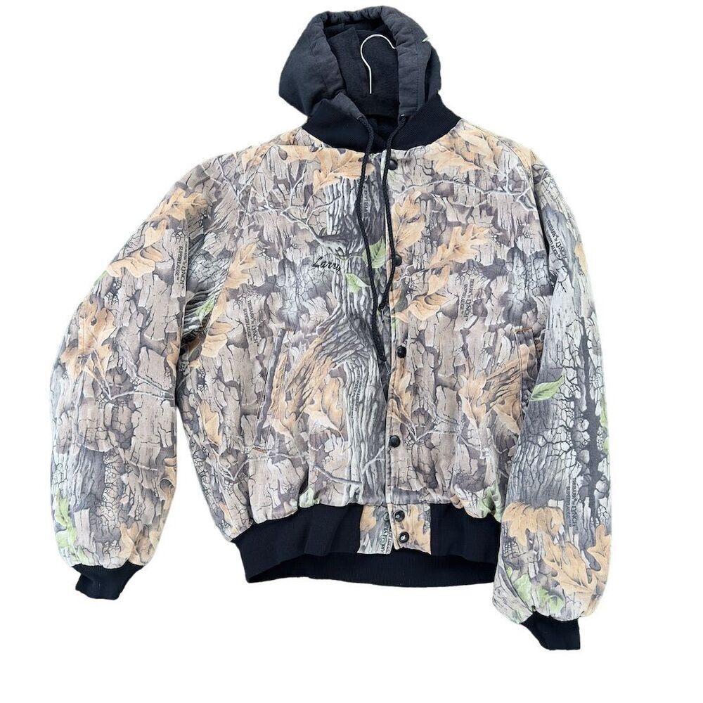 Vintage 🦌Camo 🦌 Bomber Jacket zip & button up. Embroidered name: Larry